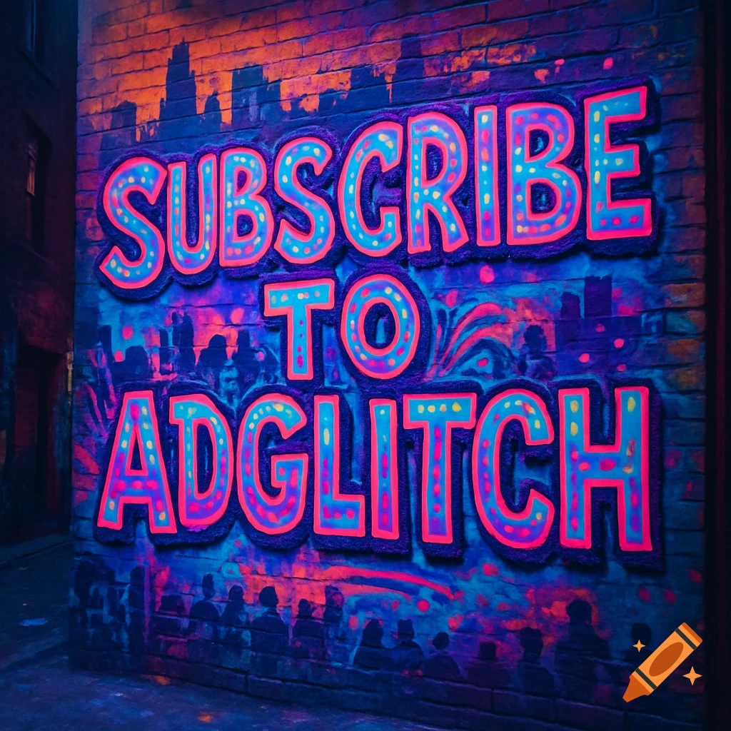 Vibrant neon graffiti mural on a brick wall in a dark urban alleyway reads 'SUBSCRIBE TO ADGLITCH' with silhouetted figures.