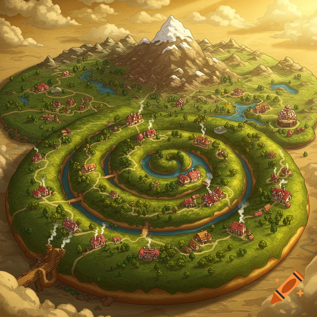 Isometric fantasy map of a spiraling donut land with villages, rivers, mountains, and a golden sky.