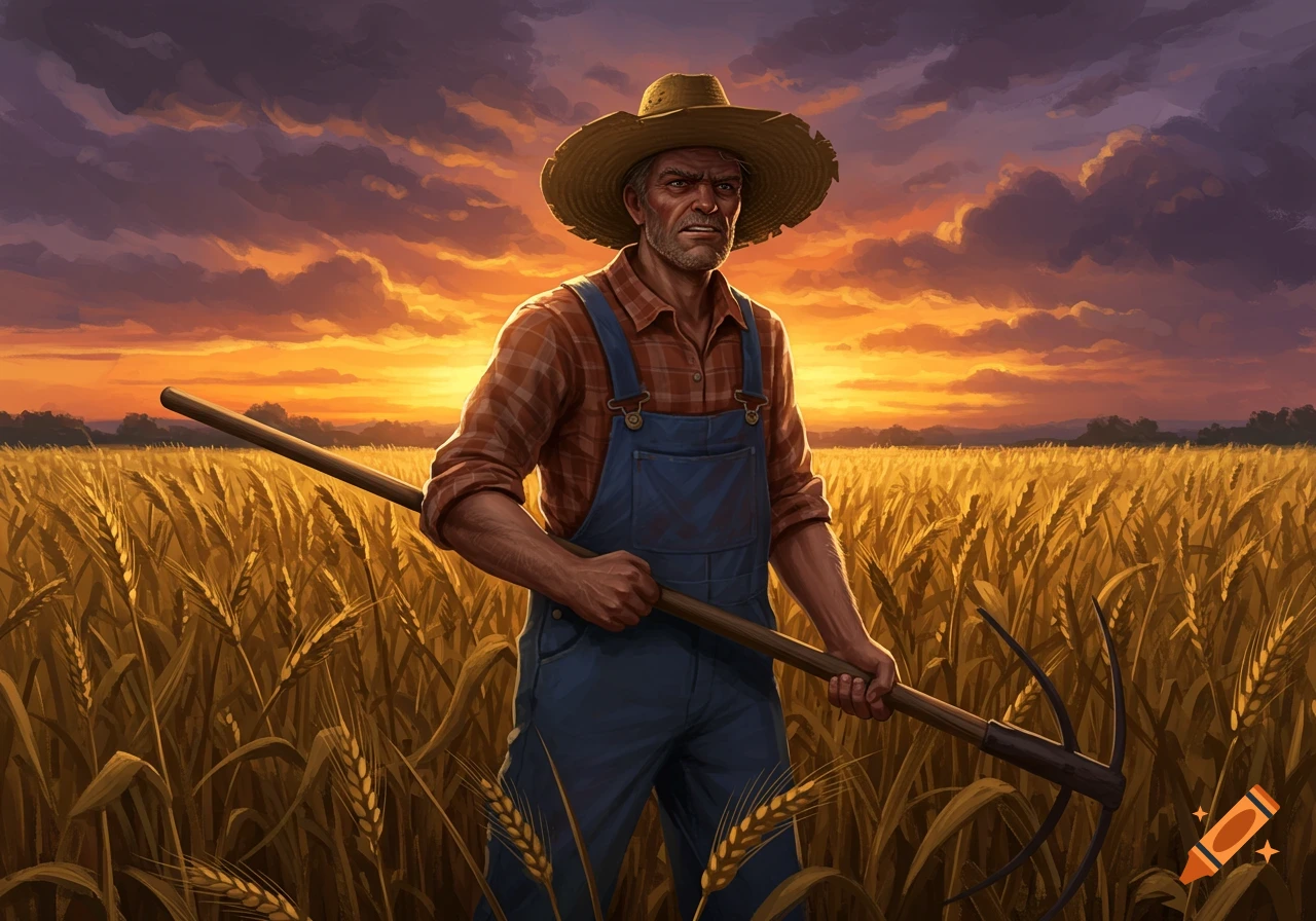 A determined farmer with a straw hat stands in a golden wheat field holding a hoe, against a dramatic sunset sky.