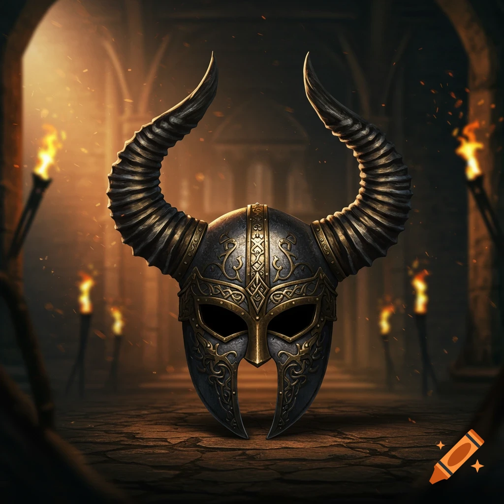 An ornate, dark metal horned helmet with golden details sits on a stone floor in a torch-lit dungeon.