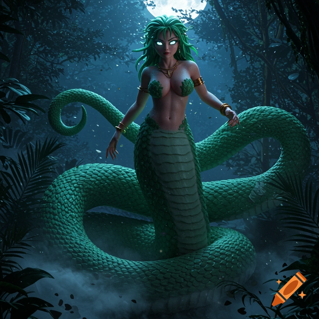 A glowing-eyed naga woman with green hair and a snake-like lower body stands in a dark, moonlit jungle.