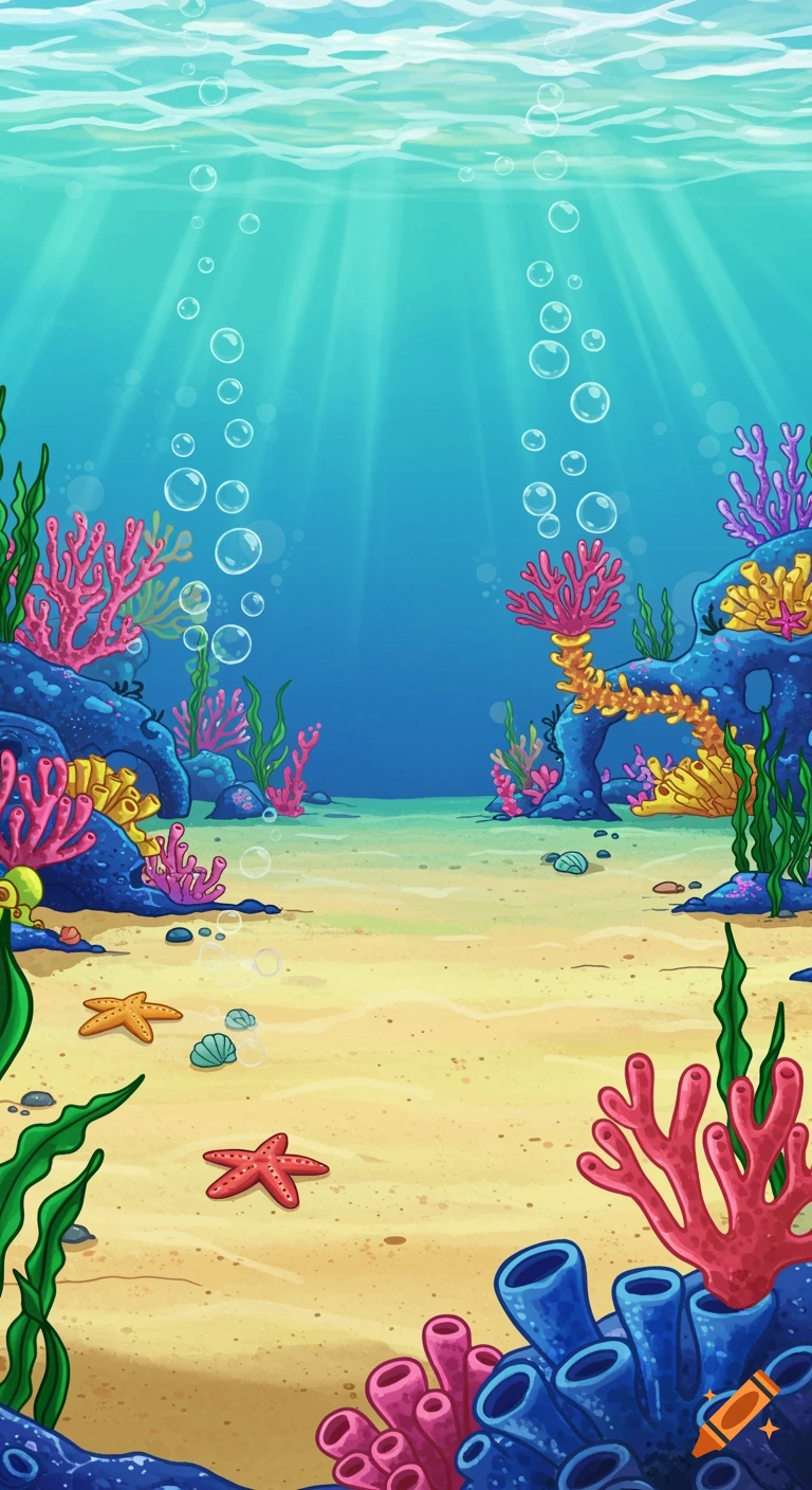 Vibrant cartoon underwater background with colorful coral, sea plants, bubbles, and a sandy seafloor, bathed in cheerful light.
