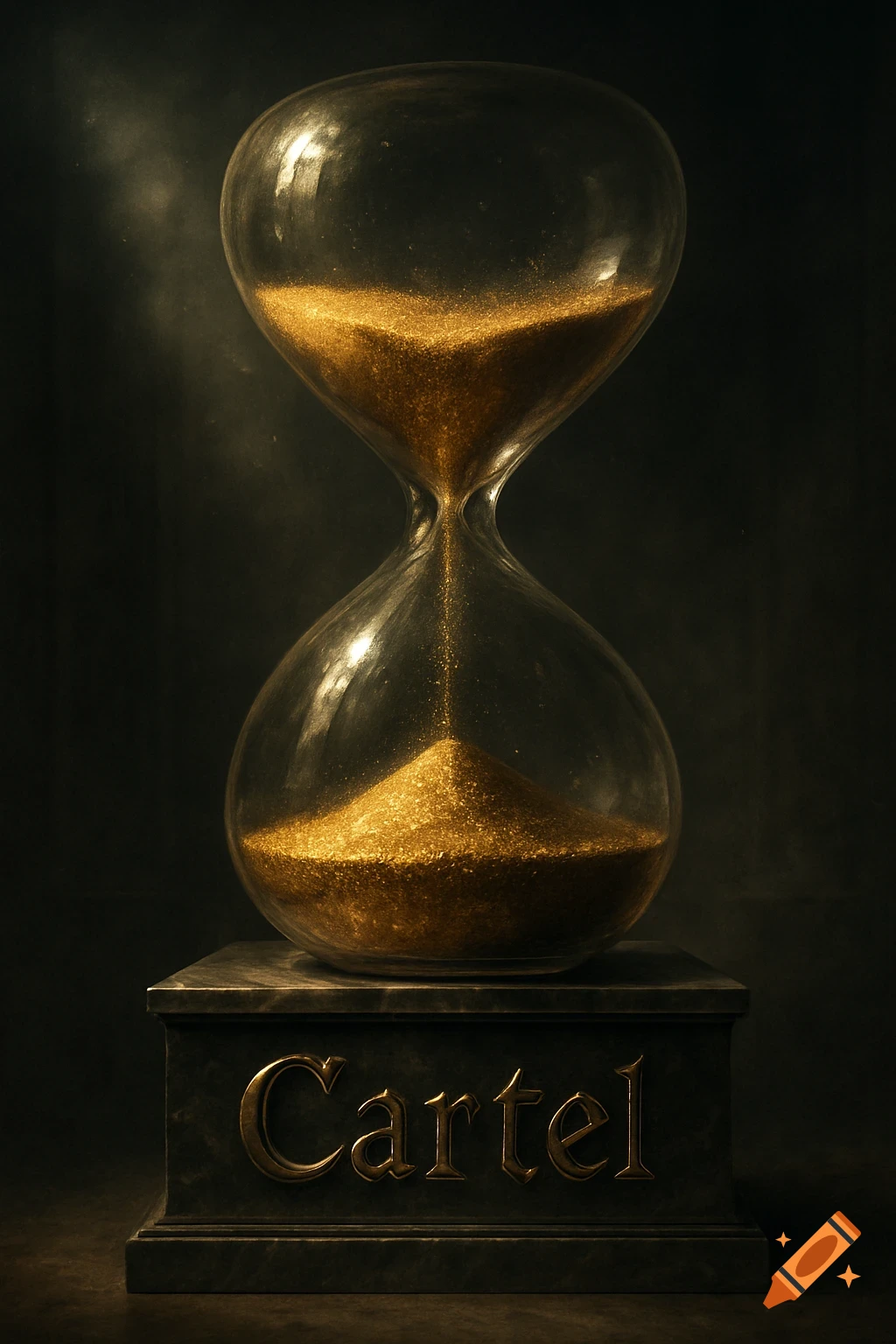A photorealistic image of a large hourglass with golden sand draining, sitting on a dark marble base with the word 'Cartel' engraved on it.