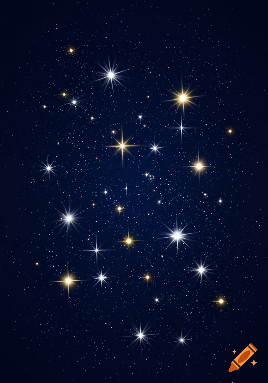 Dark blue night sky filled with numerous glittering white and gold stars, with distinct starburst effects.