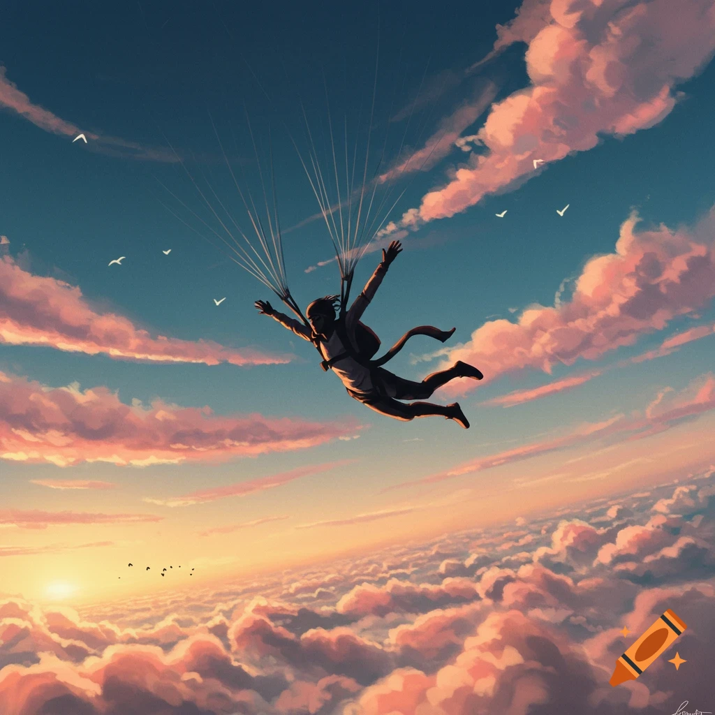 A person skydives over a sea of pink and orange clouds at sunset, in a digital art style.