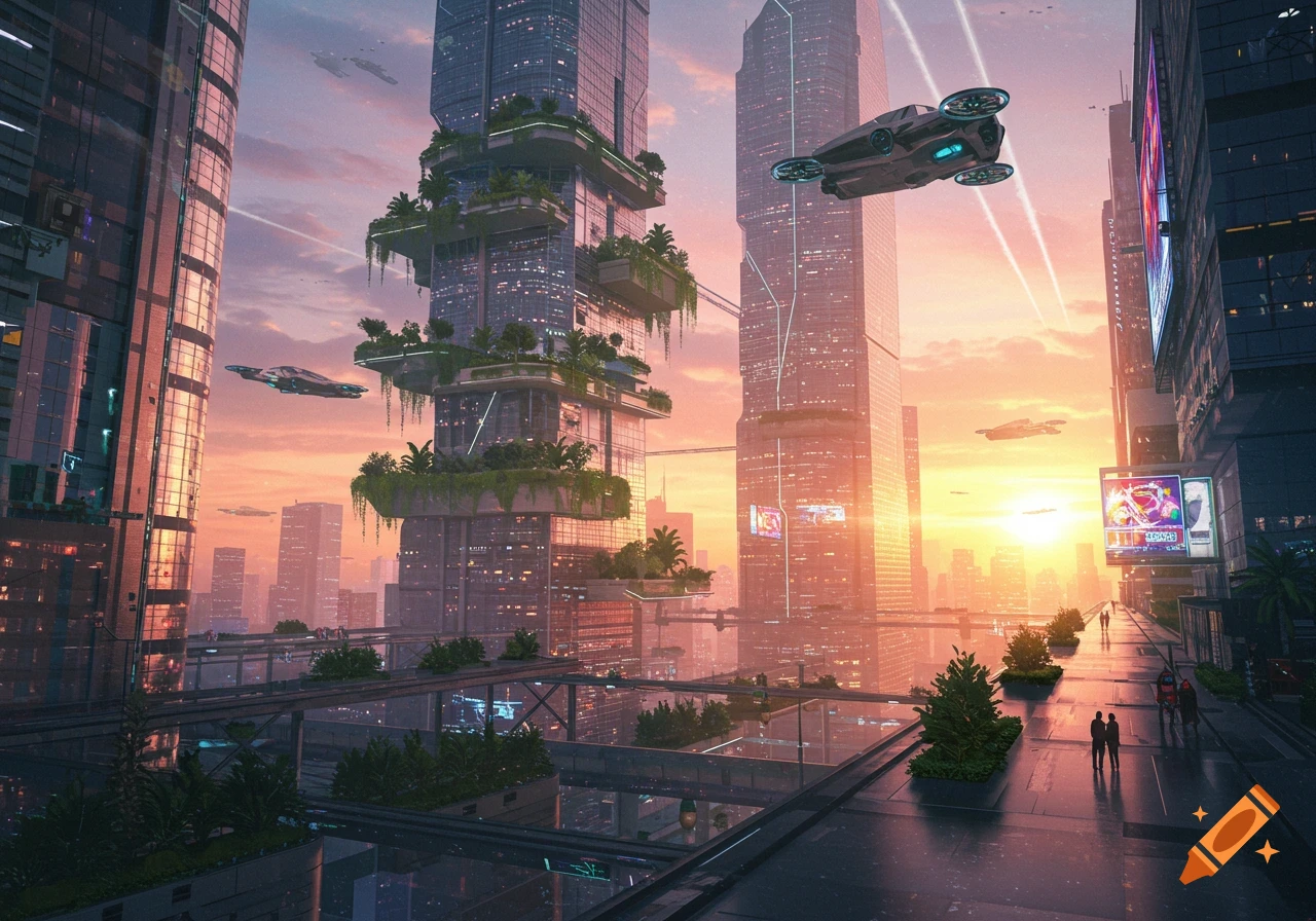 A vibrant futuristic cityscape at sunrise with towering skyscrapers, green terraces, and flying vehicles against a warm, glowing sky.