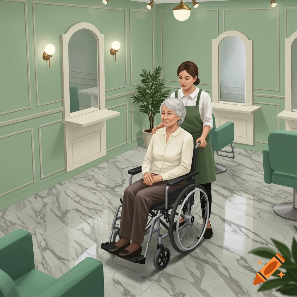 An illustration of an older woman in a wheelchair being assisted by a younger woman in a modern hair salon with green walls and marble floors.