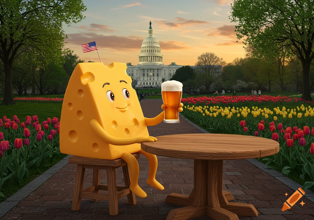 A cheerful cheese wedge mascot with an American flag sits at a table, holding a beer, in front of the US Capitol and tulips at sunset.