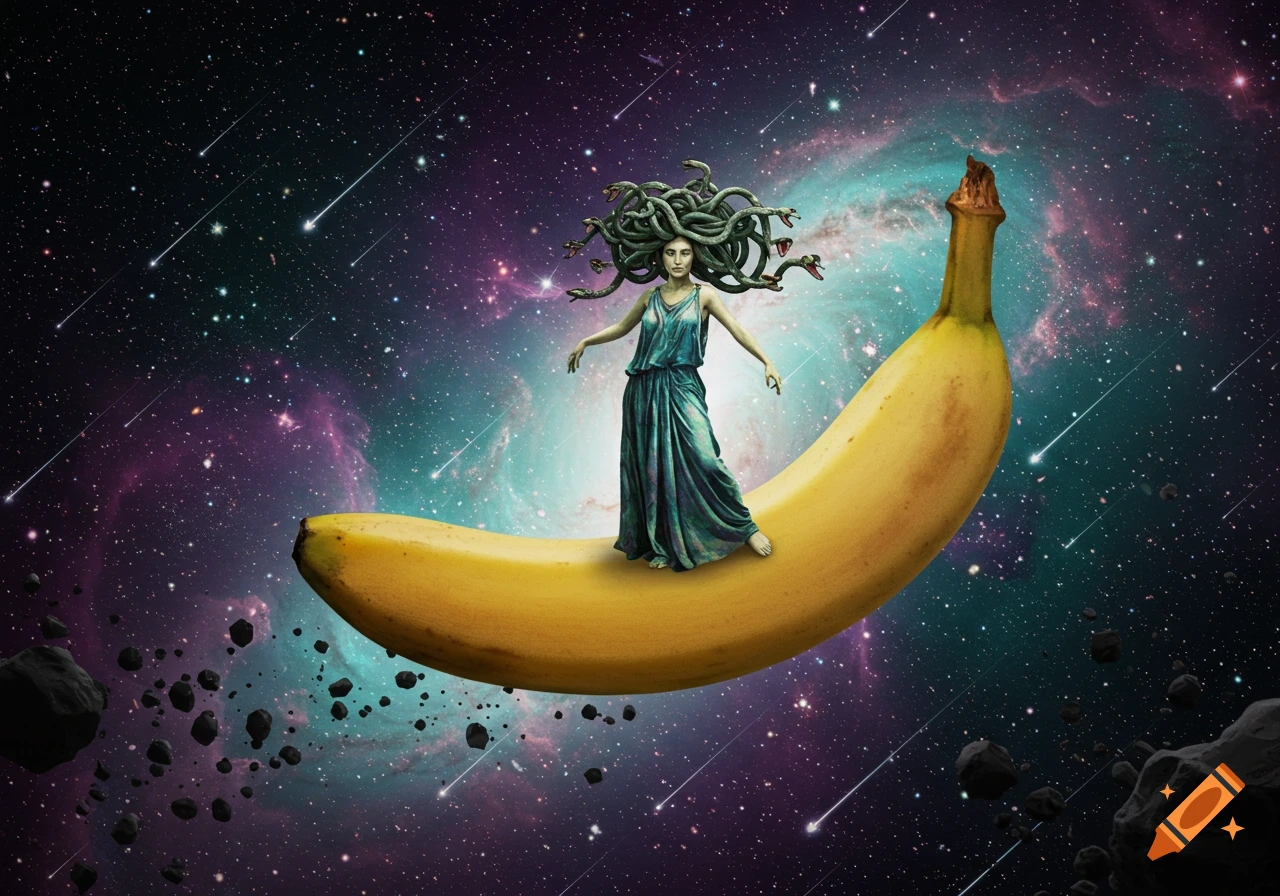 Medusa with snakes for hair stands on a giant banana floating through colorful outer space with stars and meteors.