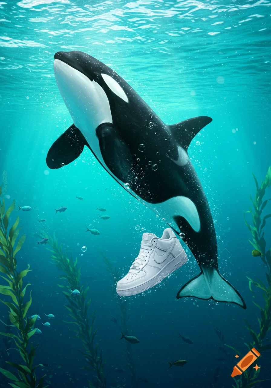 A black and white orca swims in turquoise water with a white Nike shoe, surrounded by seaweed and small fish.