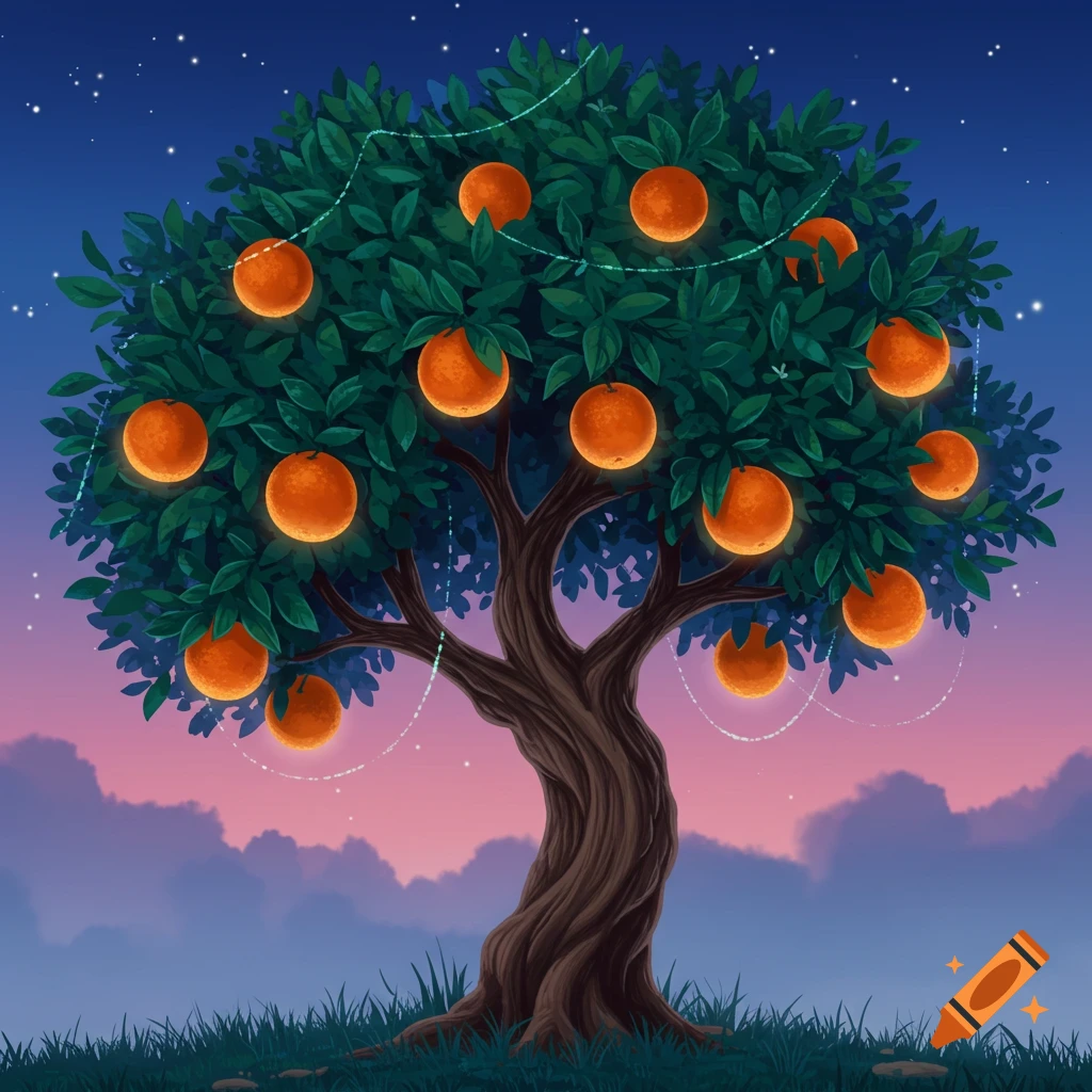 A vibrant illustration of an orange tree with glowing oranges and decorative strings against a twilight sky.