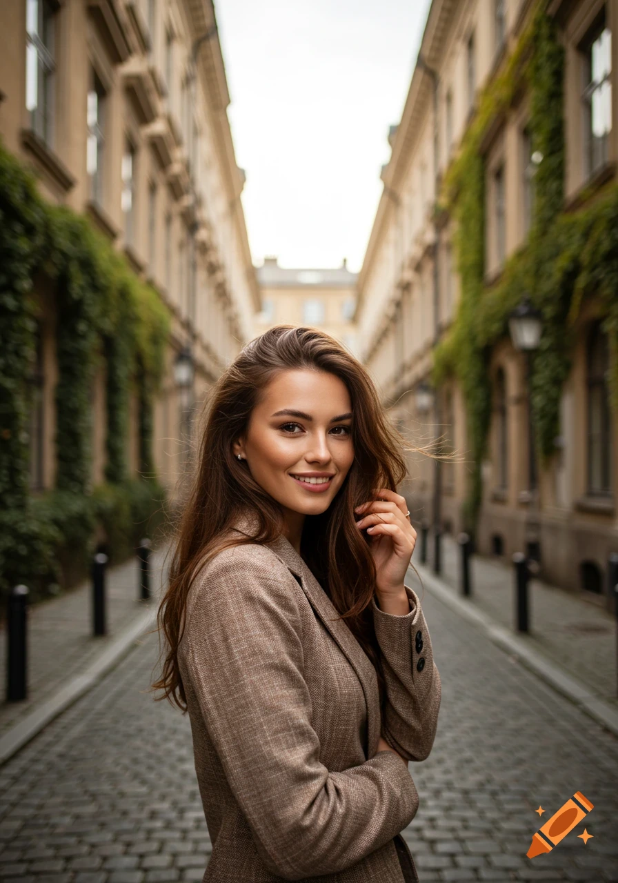 A smiling young woman in a blazer stands on a cobblestone street lined with ivy-covered buildings.