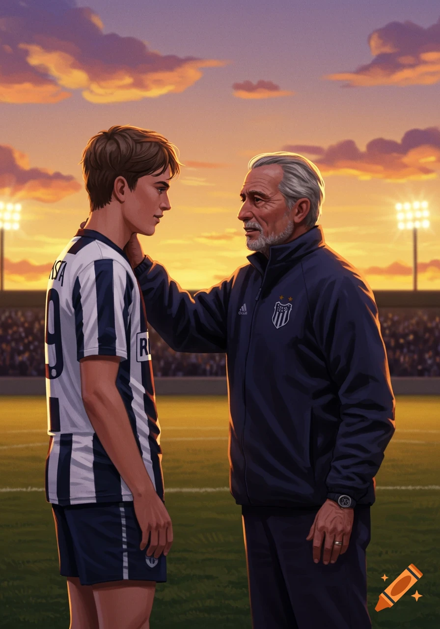 An older soccer coach with a gray beard puts a hand on the shoulder of a younger player on a field at sunset.