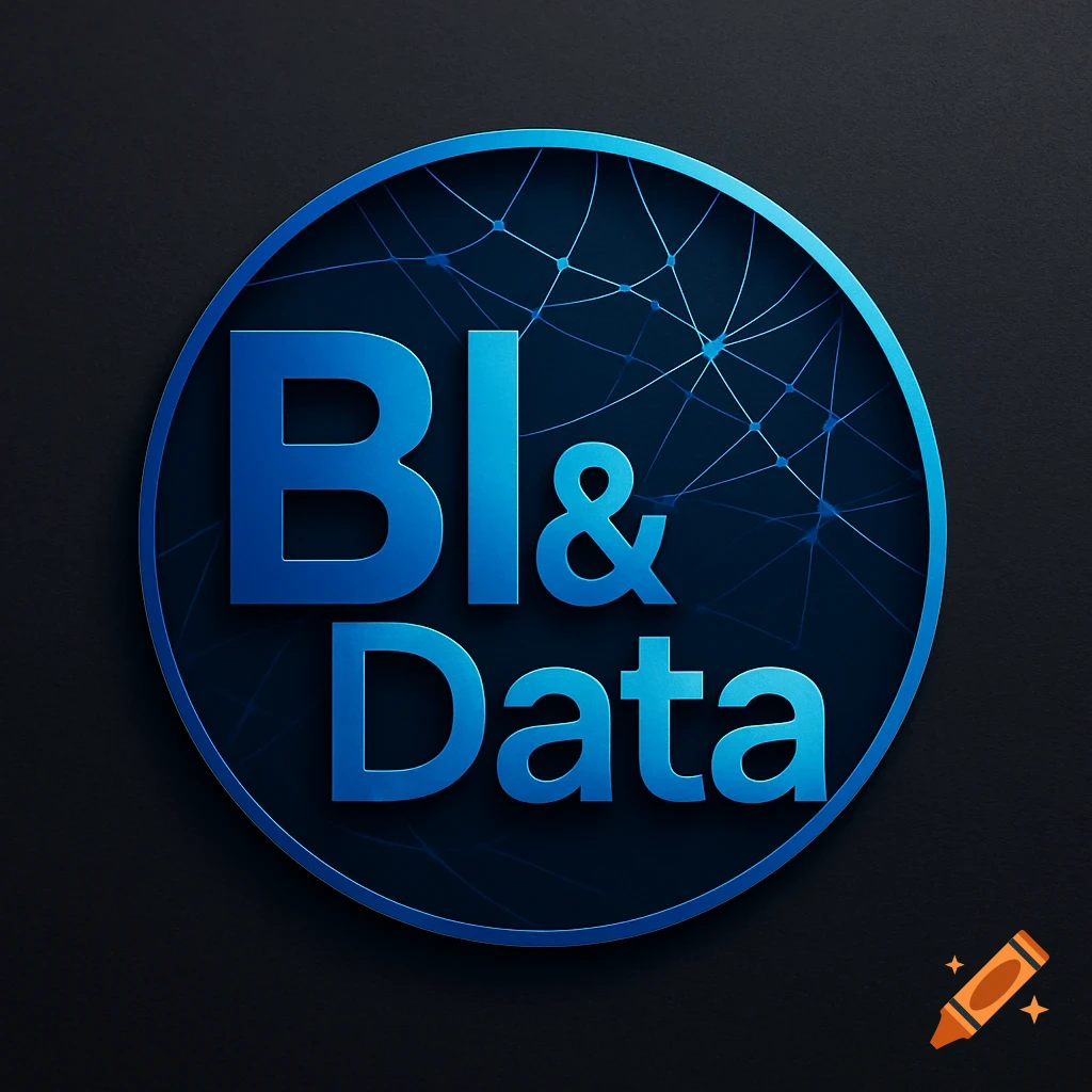 A blue logo with 'BI & Data' text inside a circle with a network pattern on a dark background.