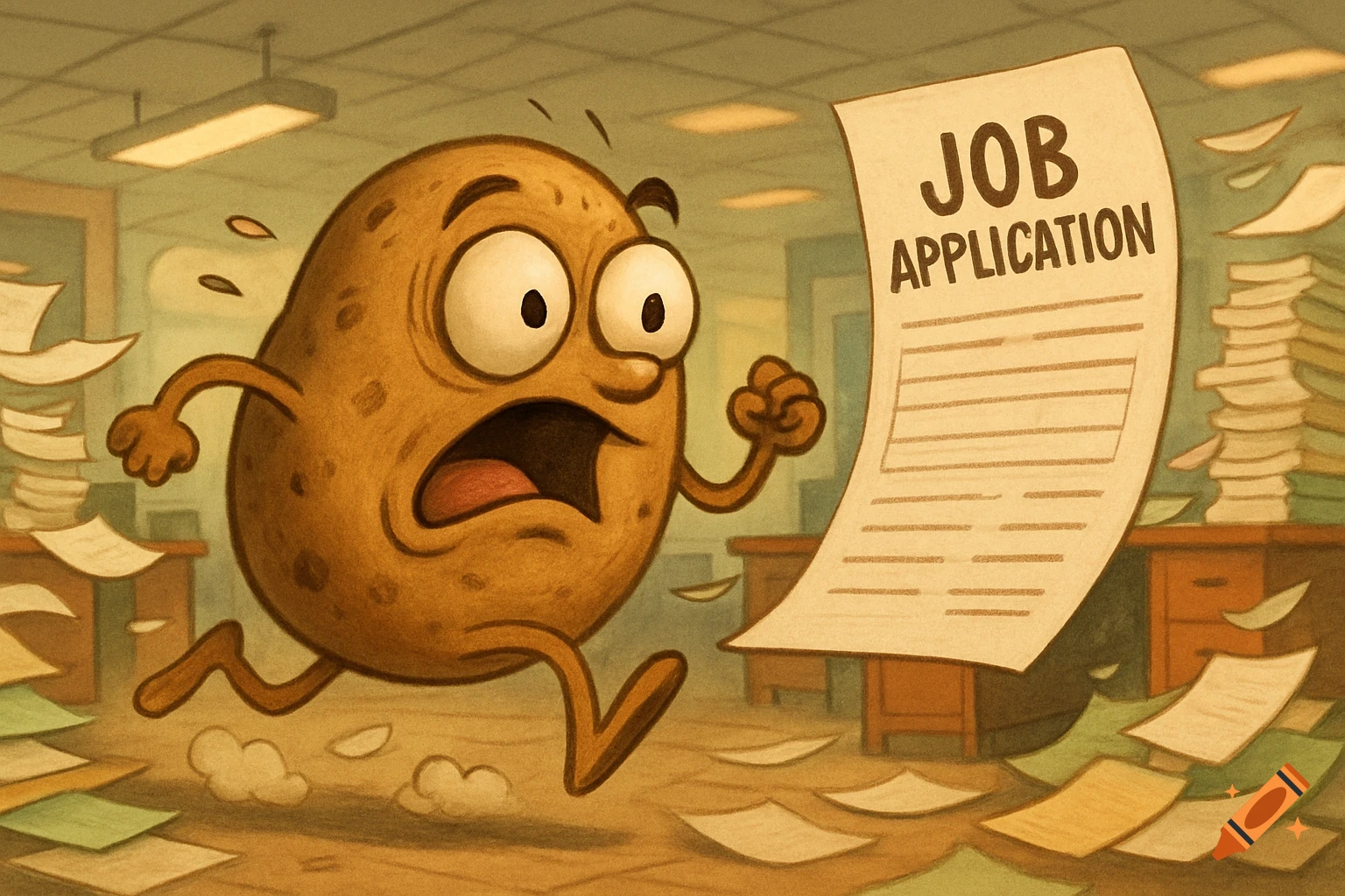 Cartoon potato running scared from a large 'JOB APPLICATION' form in a messy office illustration.