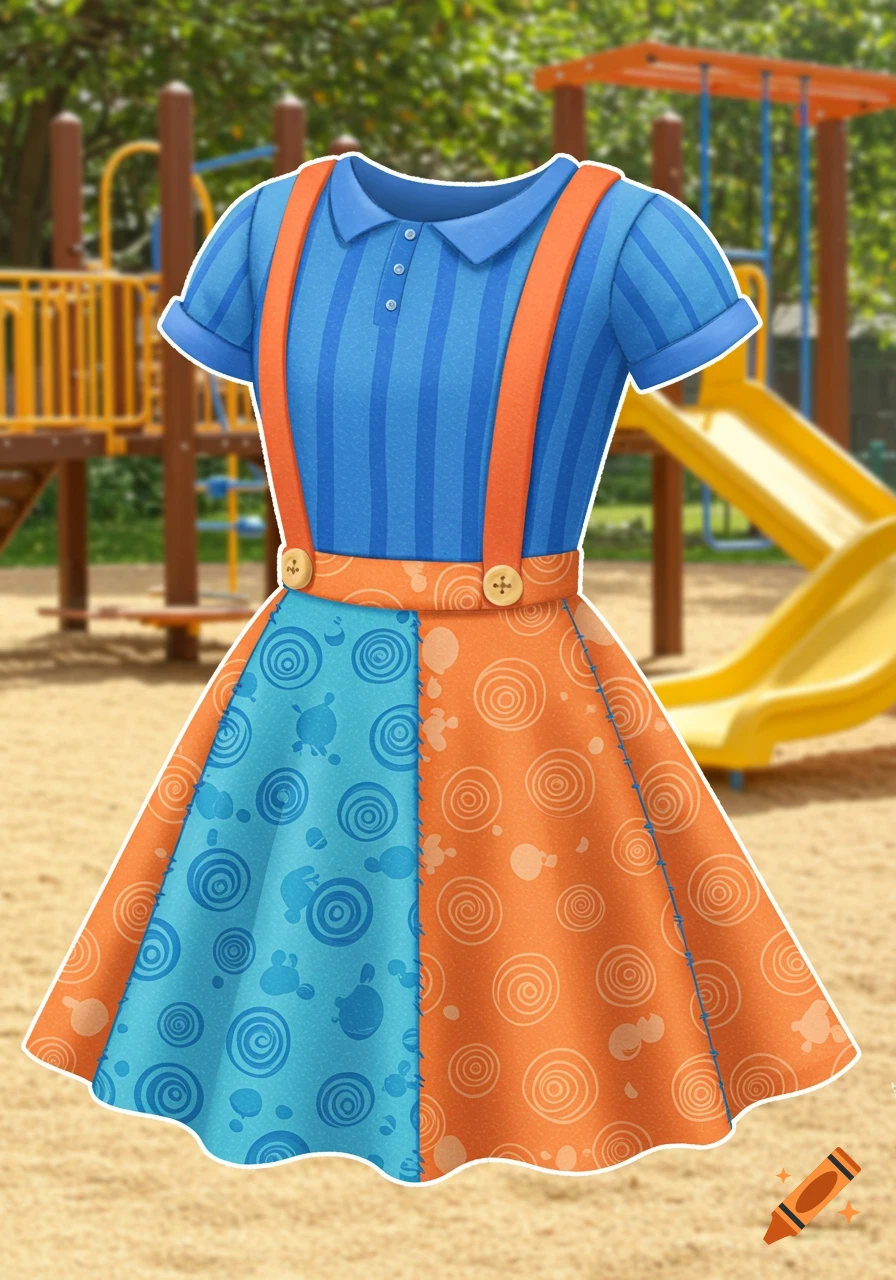 A vibrant blue and orange dress with suspenders, patterned with circles and splatters, set against a blurred playground.