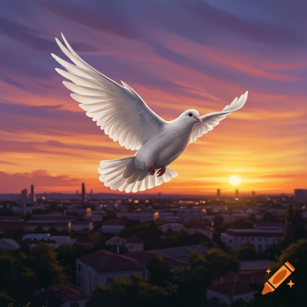 A white dove flies over a city skyline at a vibrant sunset, with a golden sun on the horizon.