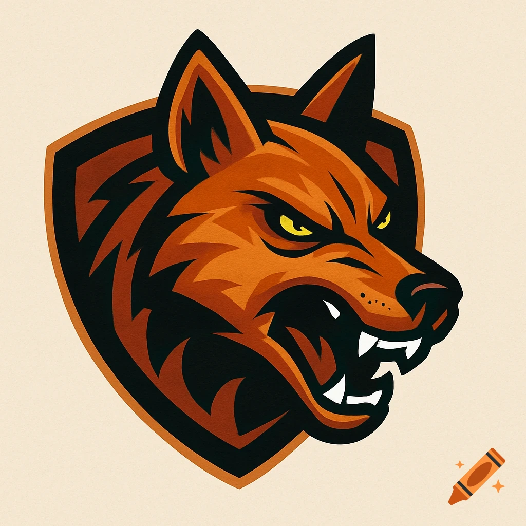 Stylized angry dingo head in a shield, designed as a sports logo, in shades of orange, black, and yellow.