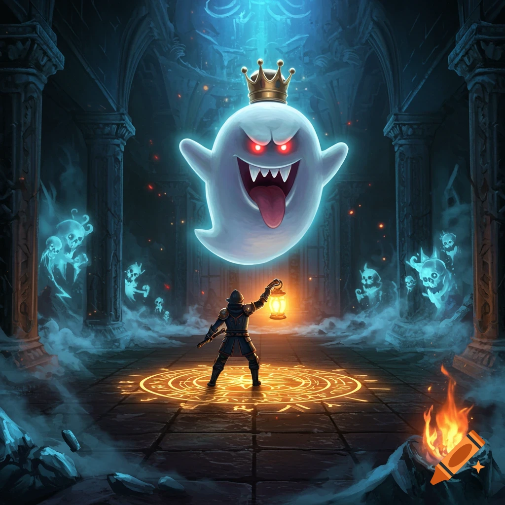 A warrior with a lantern confronts a giant, menacing ghost king wearing a crown, surrounded by smaller ghosts in a dark, mystical castle.