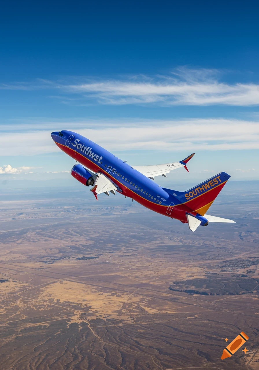 A photorealistic Southwest Airlines plane in blue and red soars through a bright blue sky above a desert landscape.