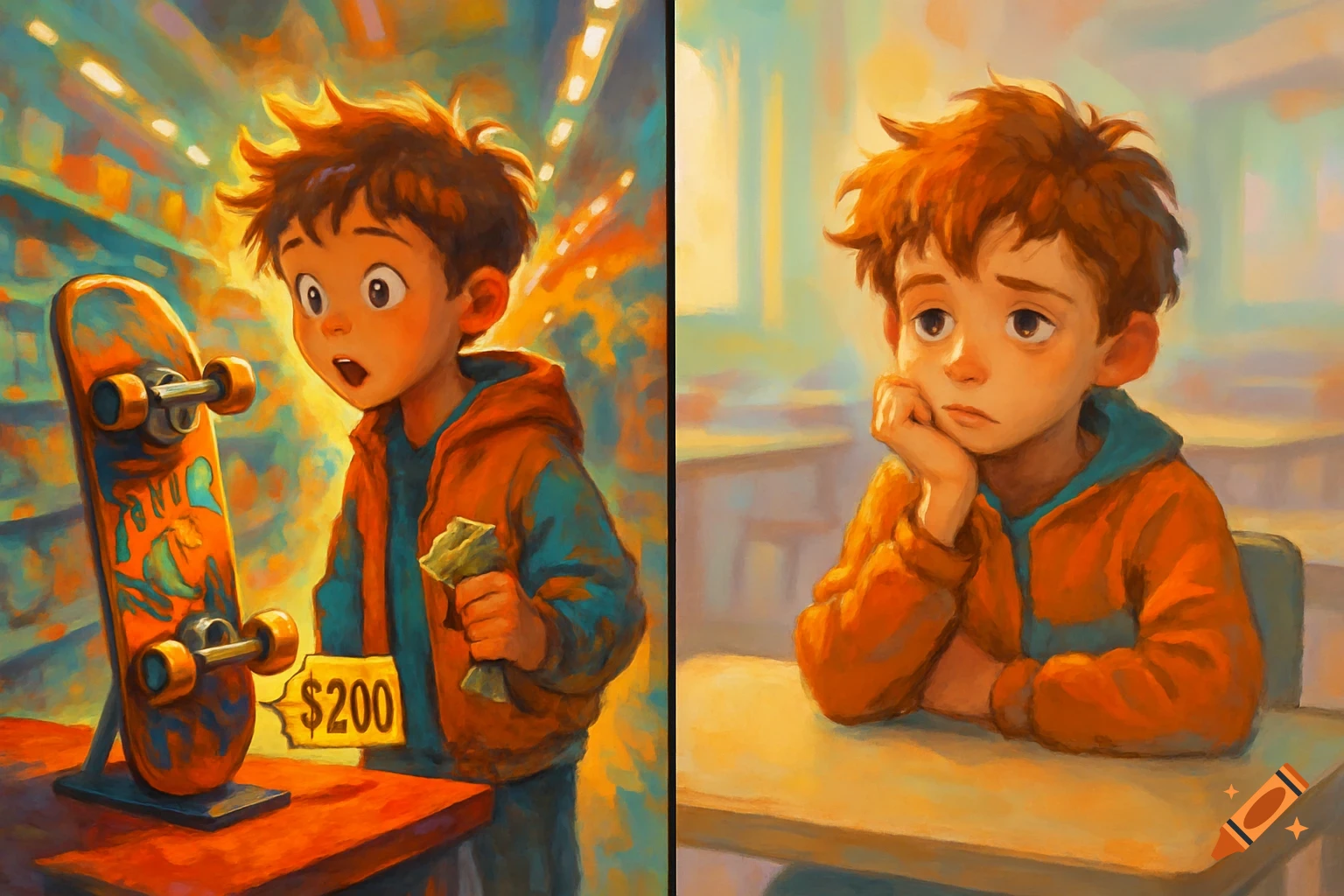 Illustration of a boy surprised by a $200 skateboard, then later looking sad at a school desk.