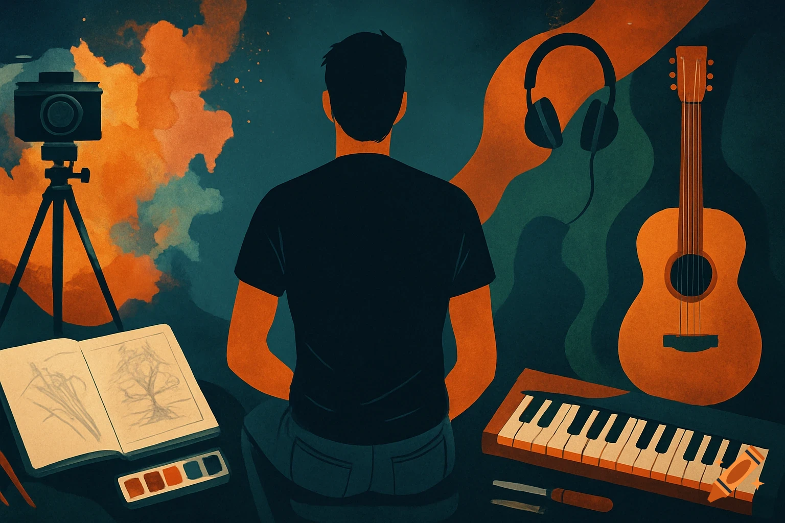 Abstract illustration of a person from behind, surrounded by photography, art, and music tools in orange, green, and dark blue tones.