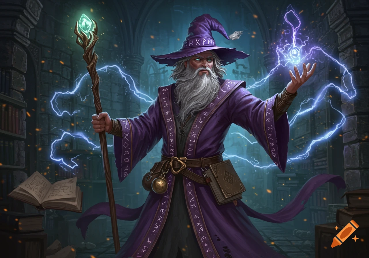 A grizzled wizard in purple robes and pointed hat casts a lightning spell, holding a staff in a dusty library.
