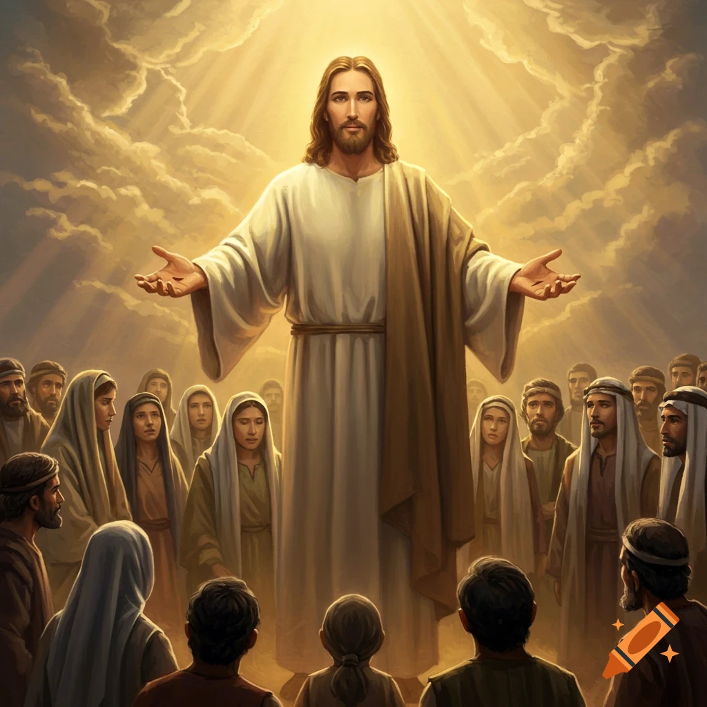 Jesus Christ with arms outstretched, surrounded by a crowd of followers looking up at him under a bright, cloud-filled sky, digital painting.