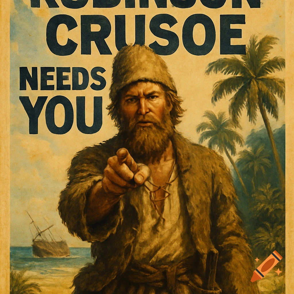 Vintage poster art of a bearded man resembling Robinson Crusoe pointing at the viewer, with 'ROBINSON CRUSOE NEEDS YOU' text. Palm trees and a shipwreck in the background.