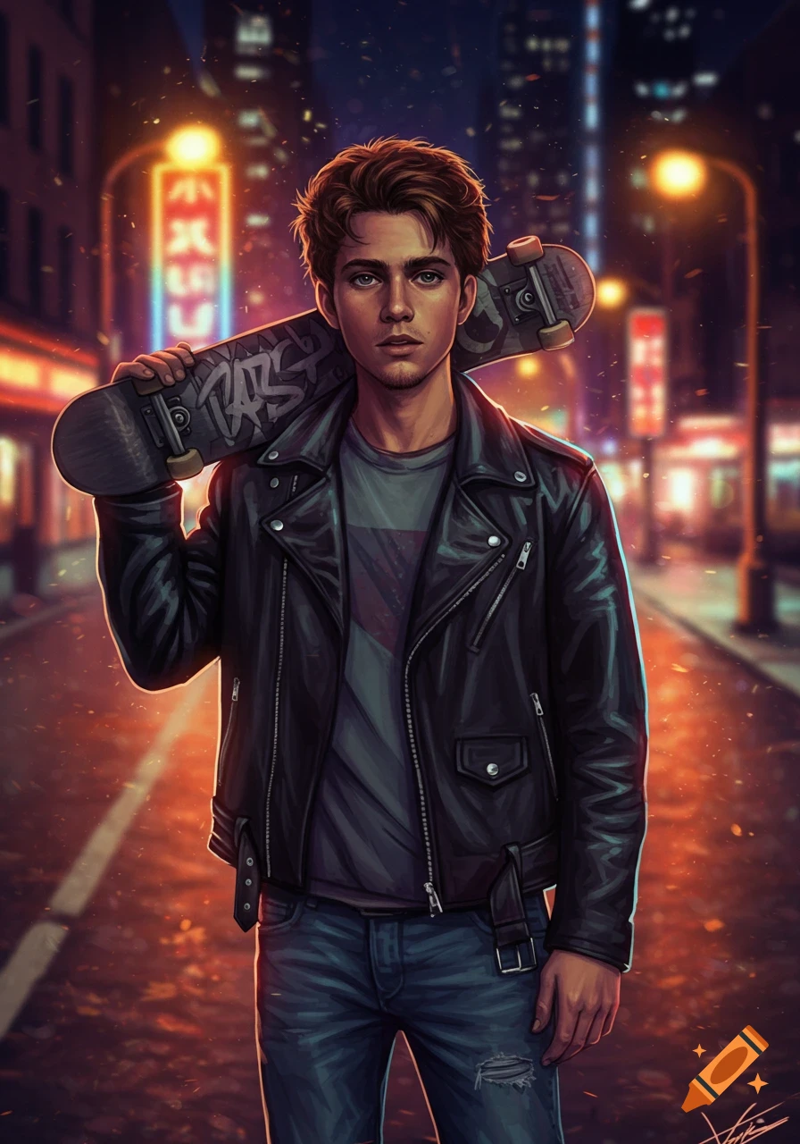 Digital art of a young man with brown hair, wearing a black leather jacket and jeans, holding a skateboard on his shoulder in a vibrant, neon-lit city street at night.