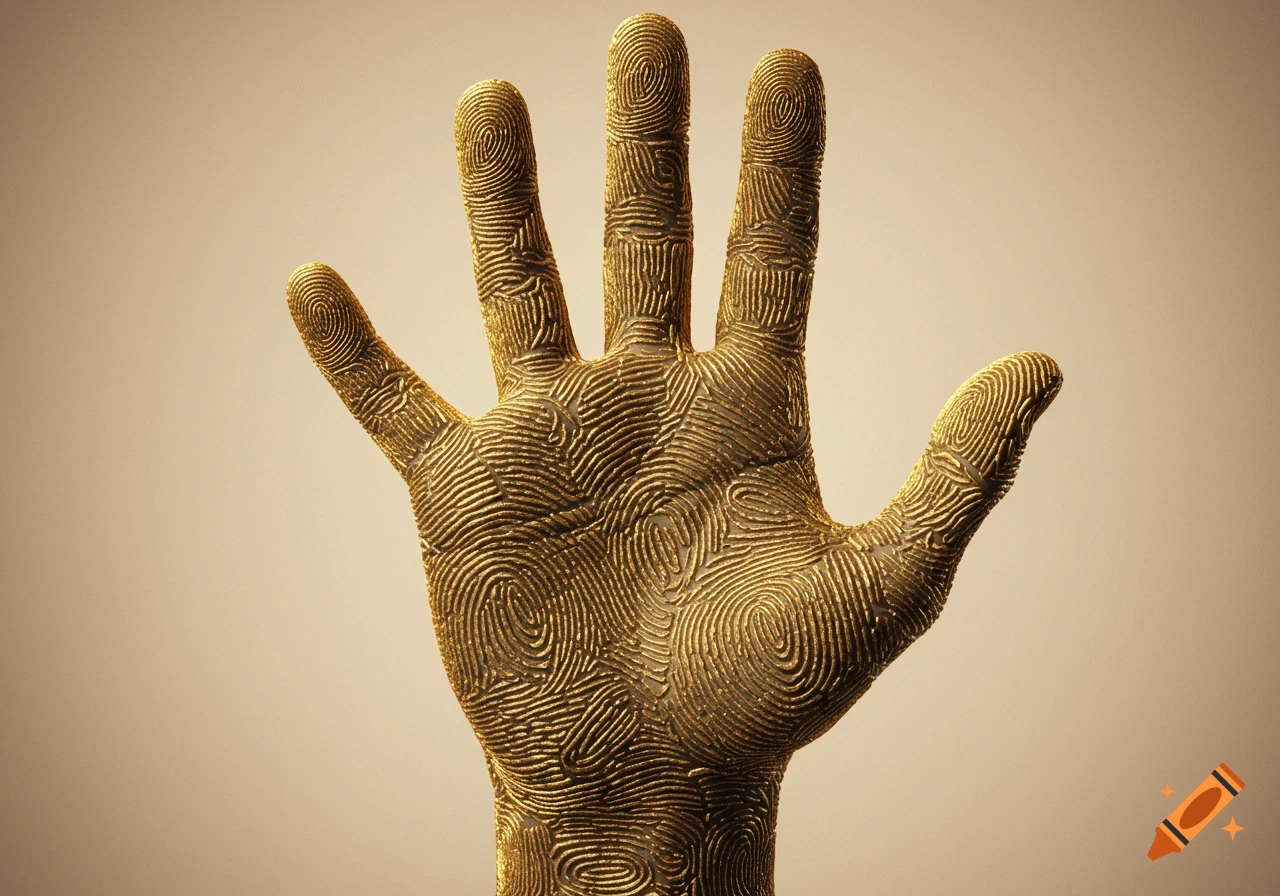 A golden hand, seen palm-side up, is intricately textured with swirling fingerprint patterns, set against a smooth, beige background.