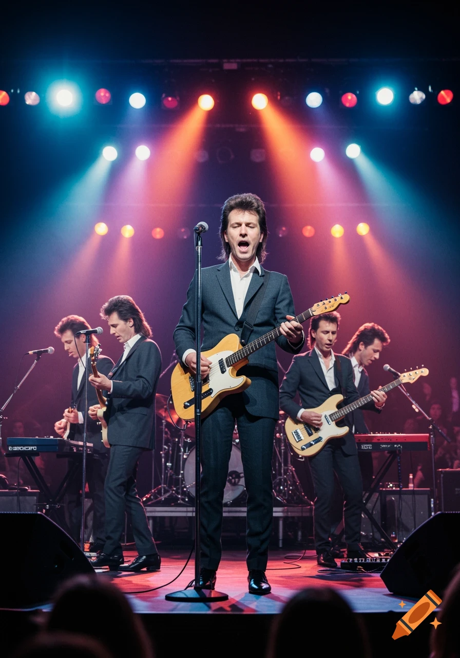 A band with five identical members, all resembling Jerry Harrison, performing on a stage under colorful spotlights, playing guitars and keyboards.
