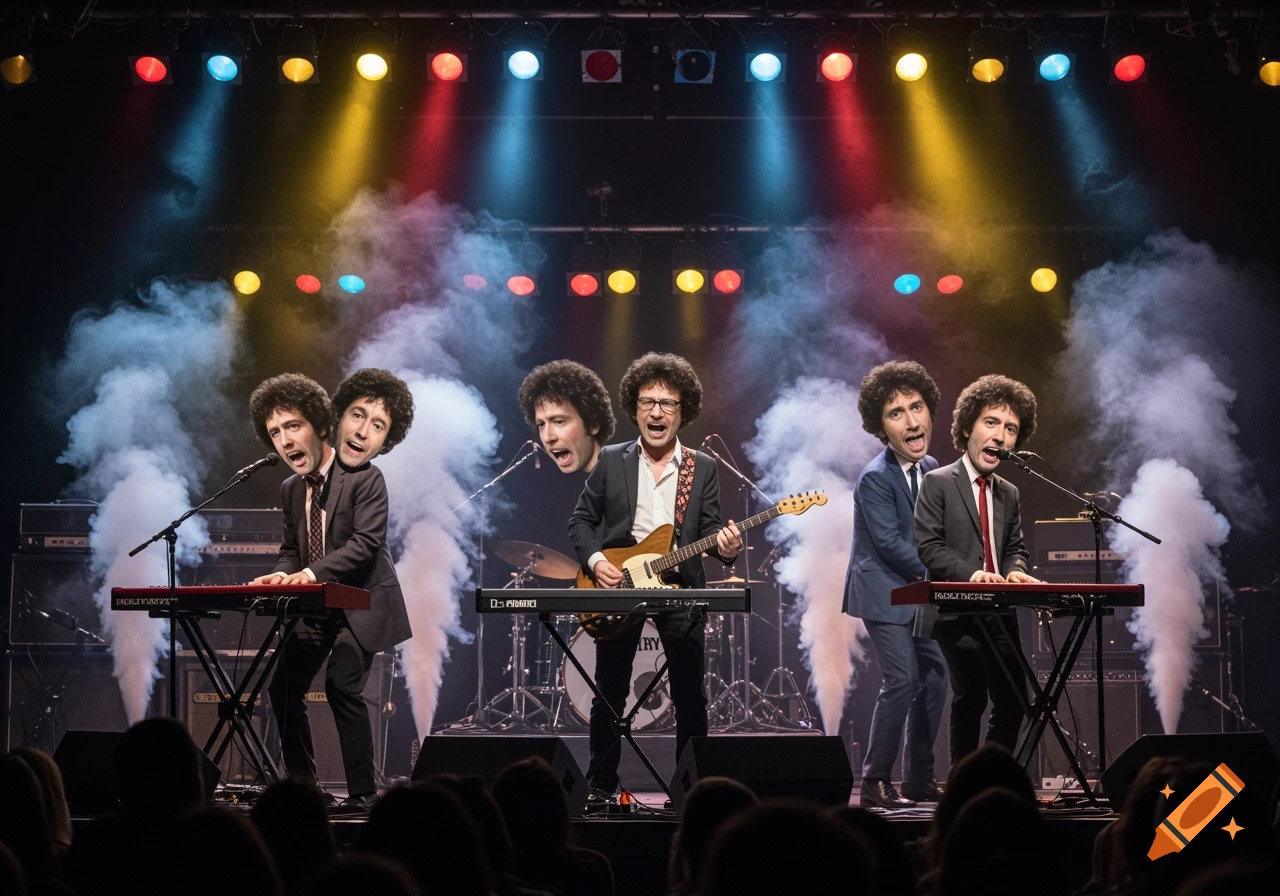 Multiple identical musicians, all resembling Jerry Harrison, perform on a stage with vibrant lights and smoke.