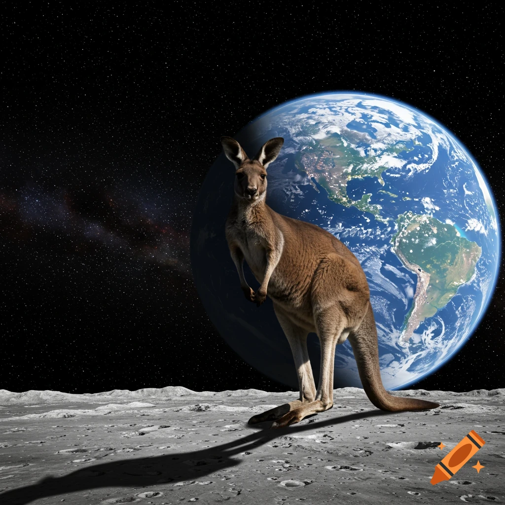 A photorealistic kangaroo stands on the lunar surface with Earth visible in the dark starry background.