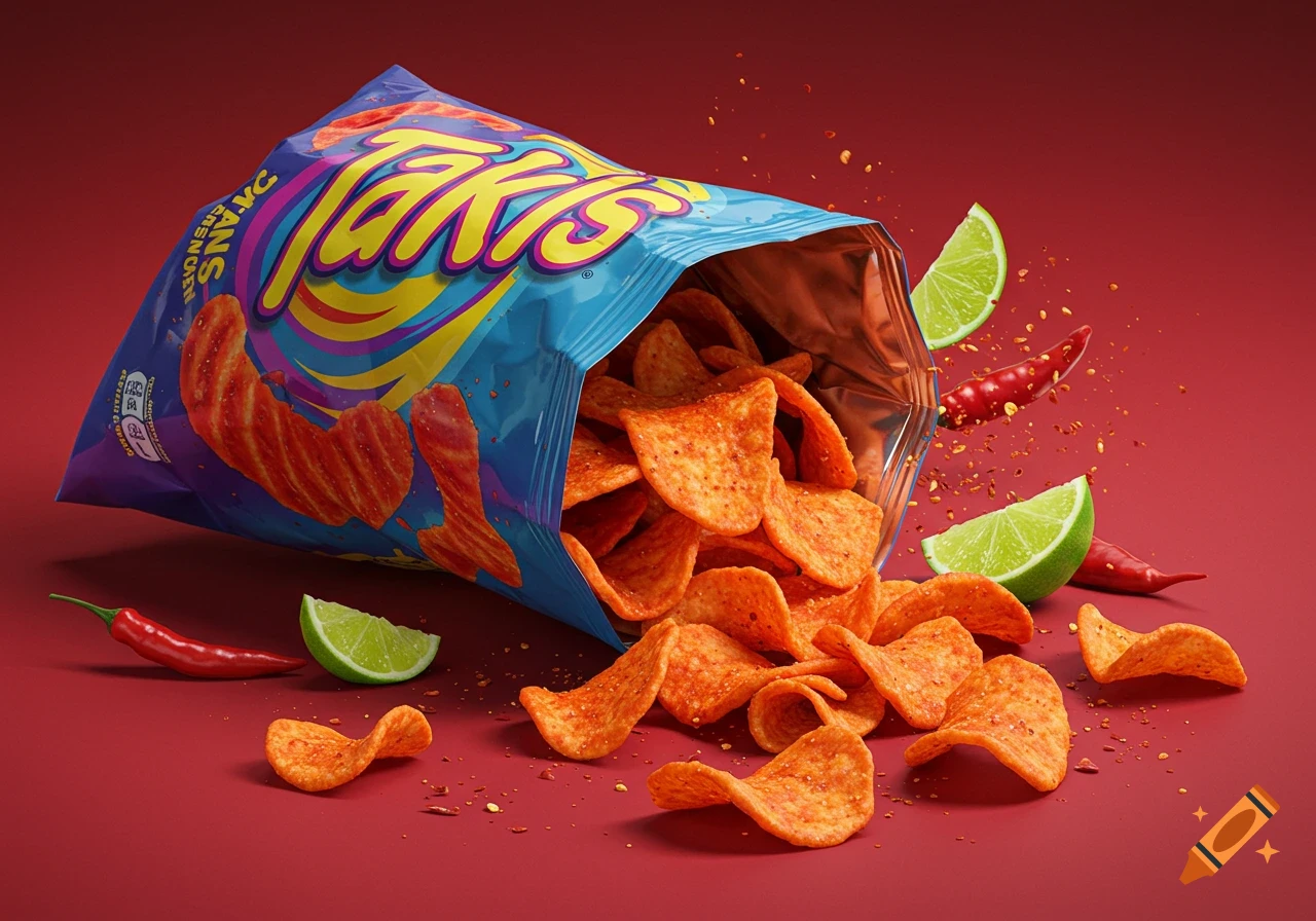 A blue bag of Takis chips, with many spicy red chips, lime wedges, and red chili peppers scattered on a red background.