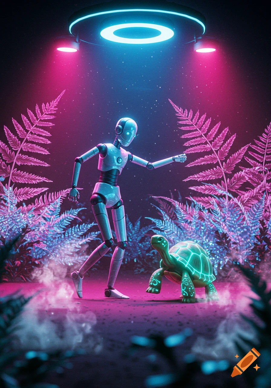A robot and a glowing turtle walk through a neon-lit, mystical forest under a UFO with pink and blue lights.