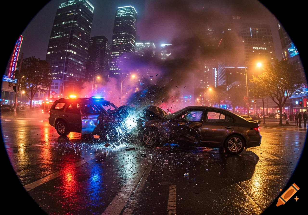 Photorealistic fisheye view of a dramatic two-car crash with smoke and debris on a wet city street at night, flanked by tall buildings.