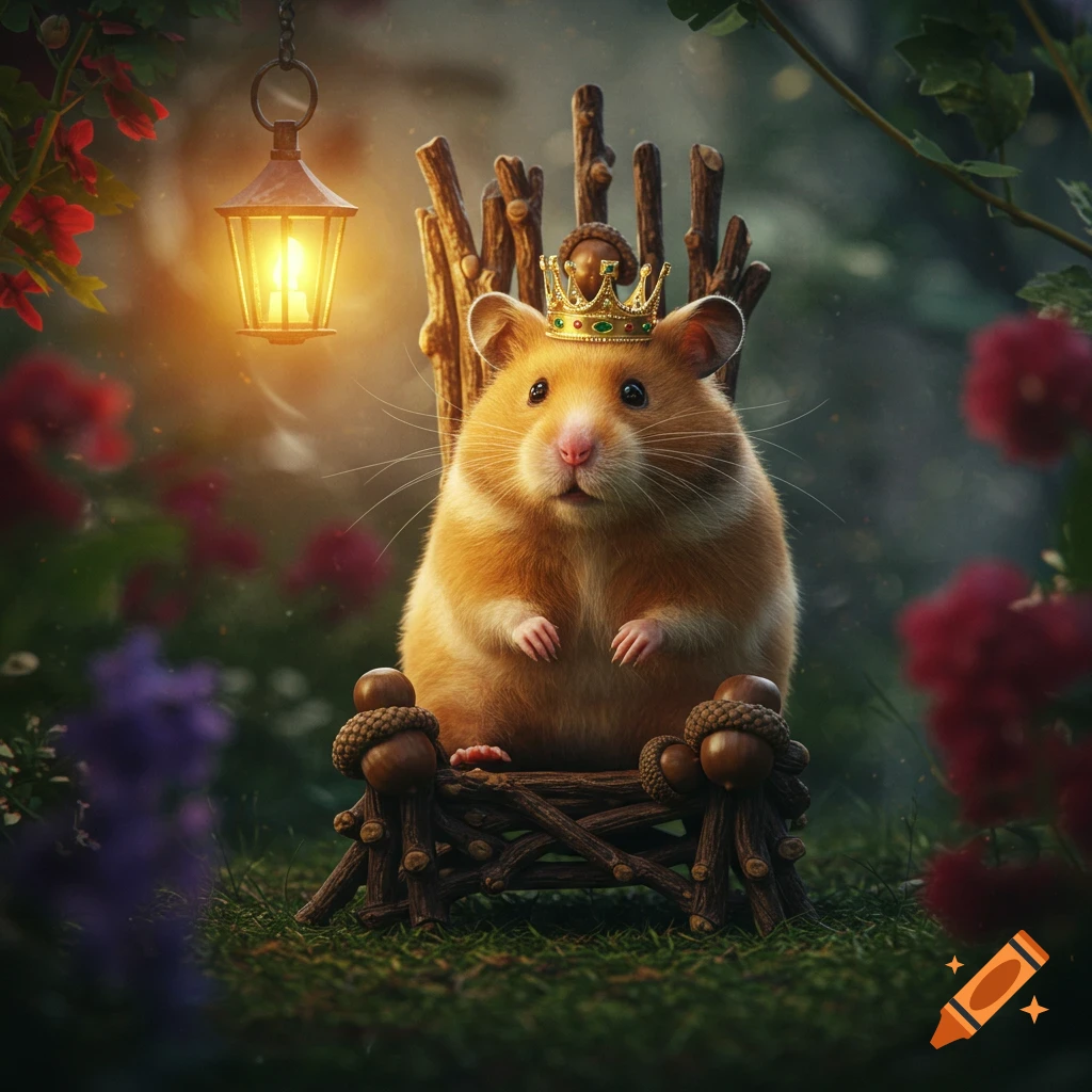 Photorealistic image of a hamster wearing a golden crown, sitting on a miniature wooden throne in an enchanted forest with glowing lantern.