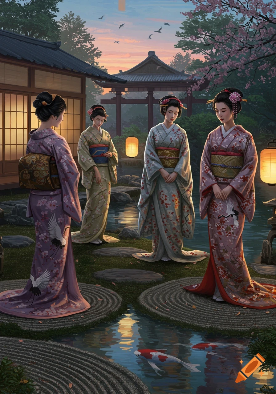 Four women in traditional kimonos in a Japanese garden with a pond, lanterns, and architecture at sunset. Illustrated.