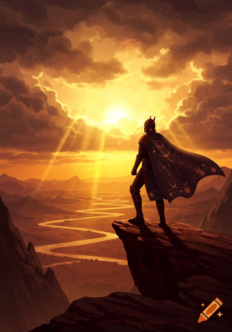 Armored hero on a cliff overlooking a winding river and mountains at sunset, sunbeams through clouds. Fantasy art style.