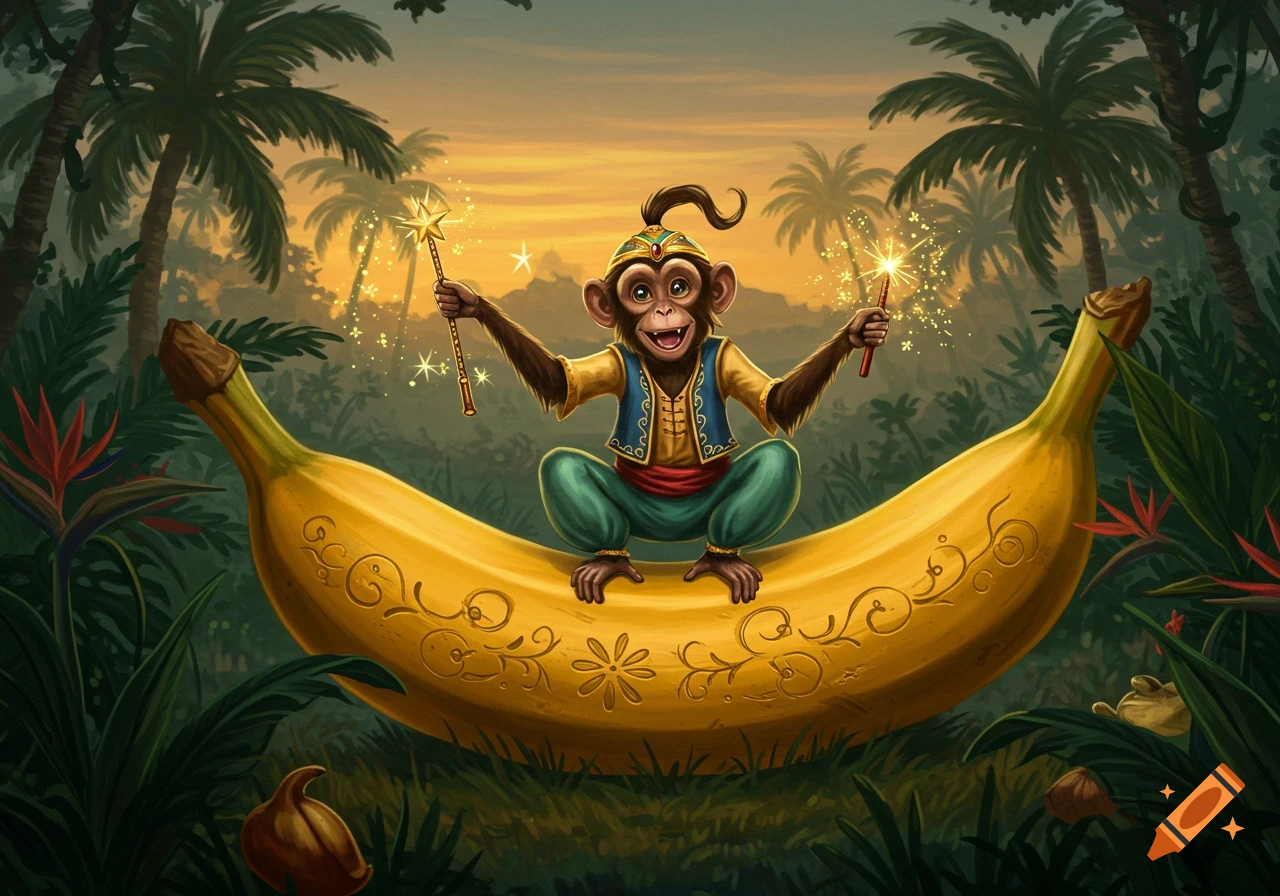 A cartoon monkey dressed as a genie sits on a large, decorated golden banana, holding two sparkling magic wands in a lush jungle at sunset.
