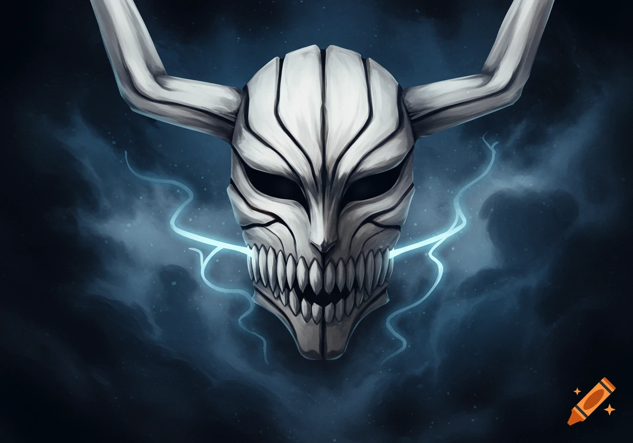 A white, skull-like Hollow mask with horns and many sharp teeth, emanating blue lightning against a dark, stormy background.