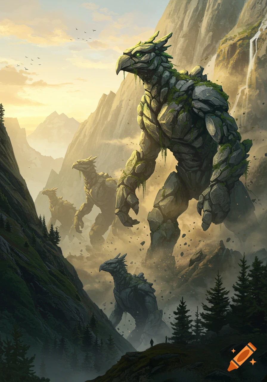 Huge rock monsters resembling birds march through a mountain valley at sunset, with small figures observing from a ridge.