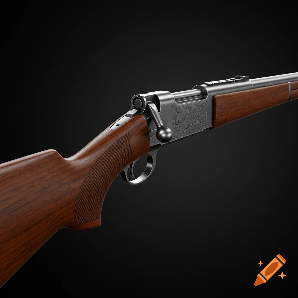 A detailed photorealistic side view of a rifle with a wooden stock, metallic receiver, and bolt action, against a dark background.