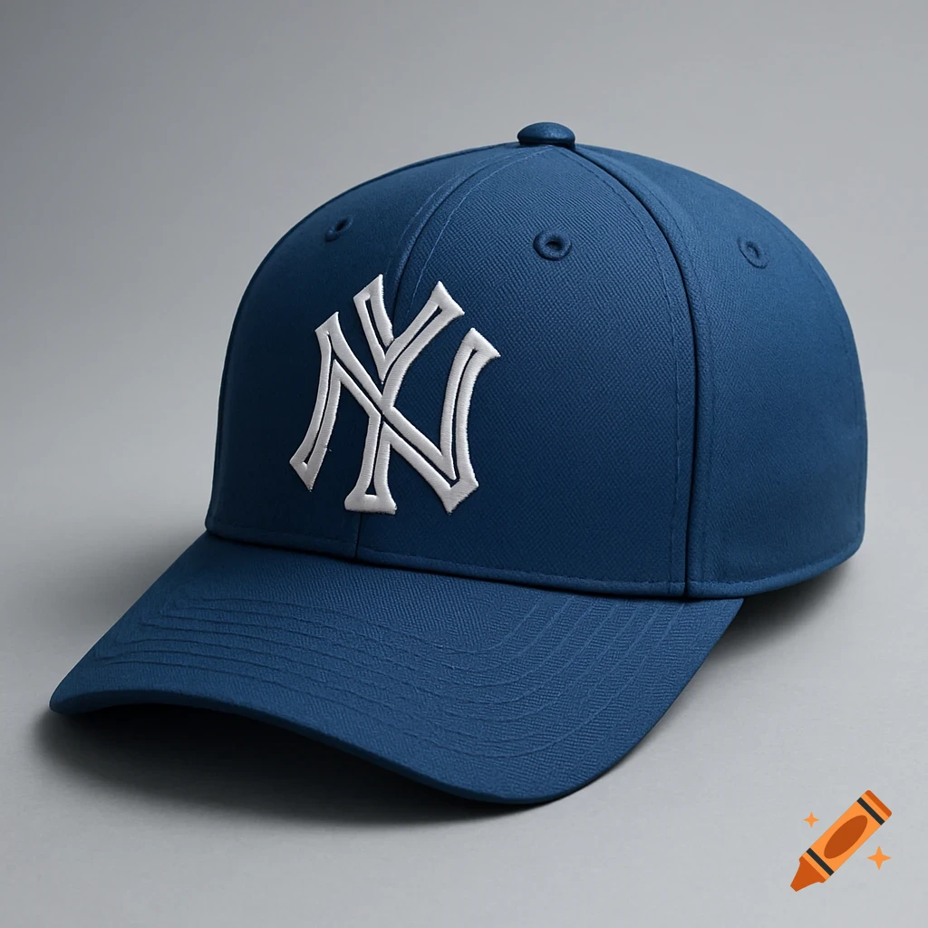 A blue baseball cap with an altered white 'NY' logo on a gray background.