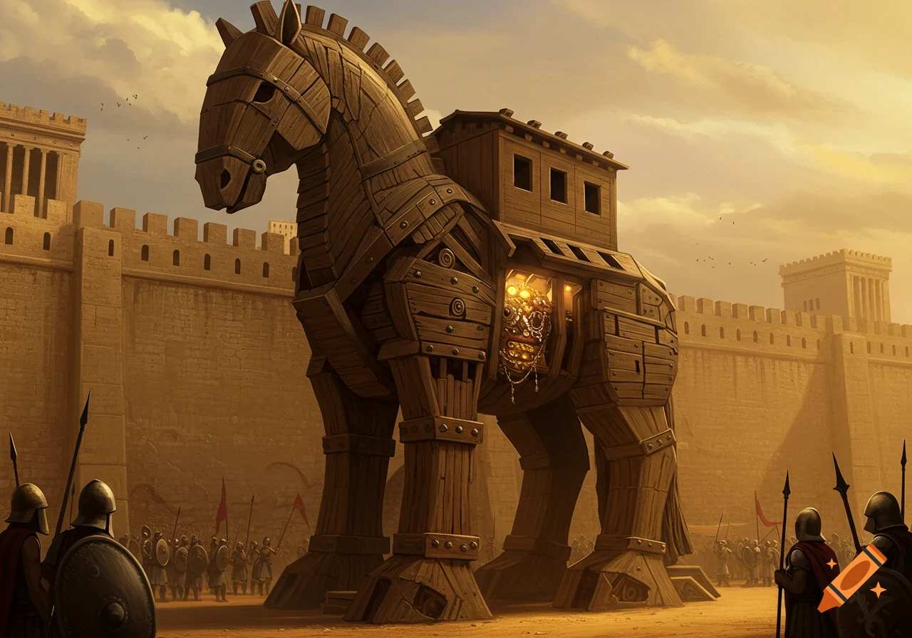 A large wooden Trojan horse with glowing mechanisms inside stands before a walled city as soldiers gather.