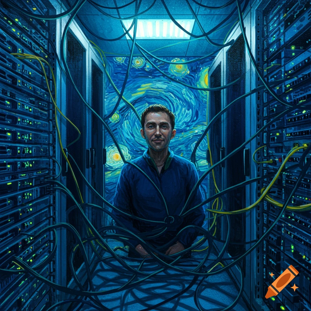 Man in a server room with tangled cables, in a swirling blue Van Gogh style reminiscent of Starry Night.