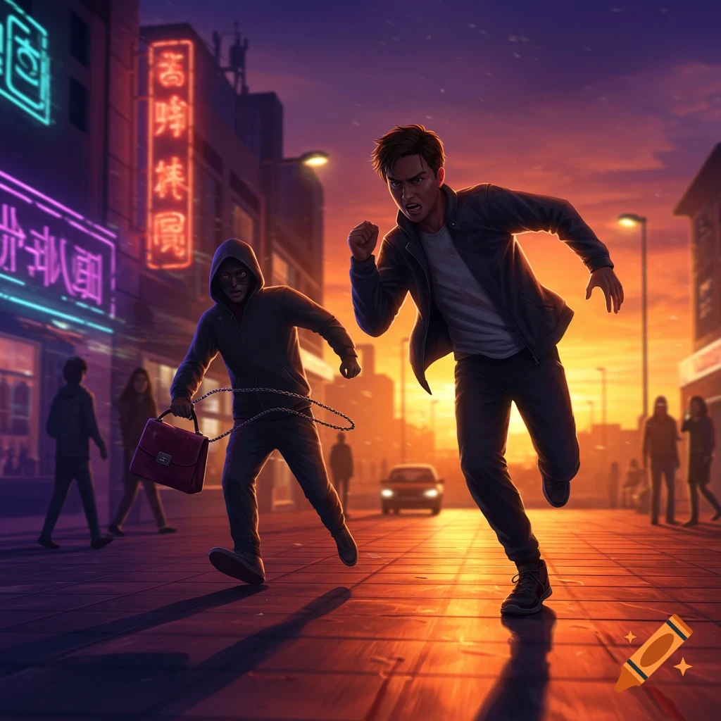 A man chases a hooded thief holding a red bag down a neon-lit city street at sunset, in an illustrative style.