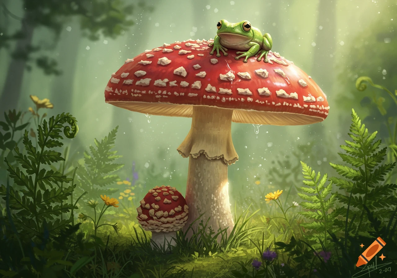 A detailed illustration of a vibrant green frog perched on a large red mushroom in a misty, enchanted forest with ferns and flowers.
