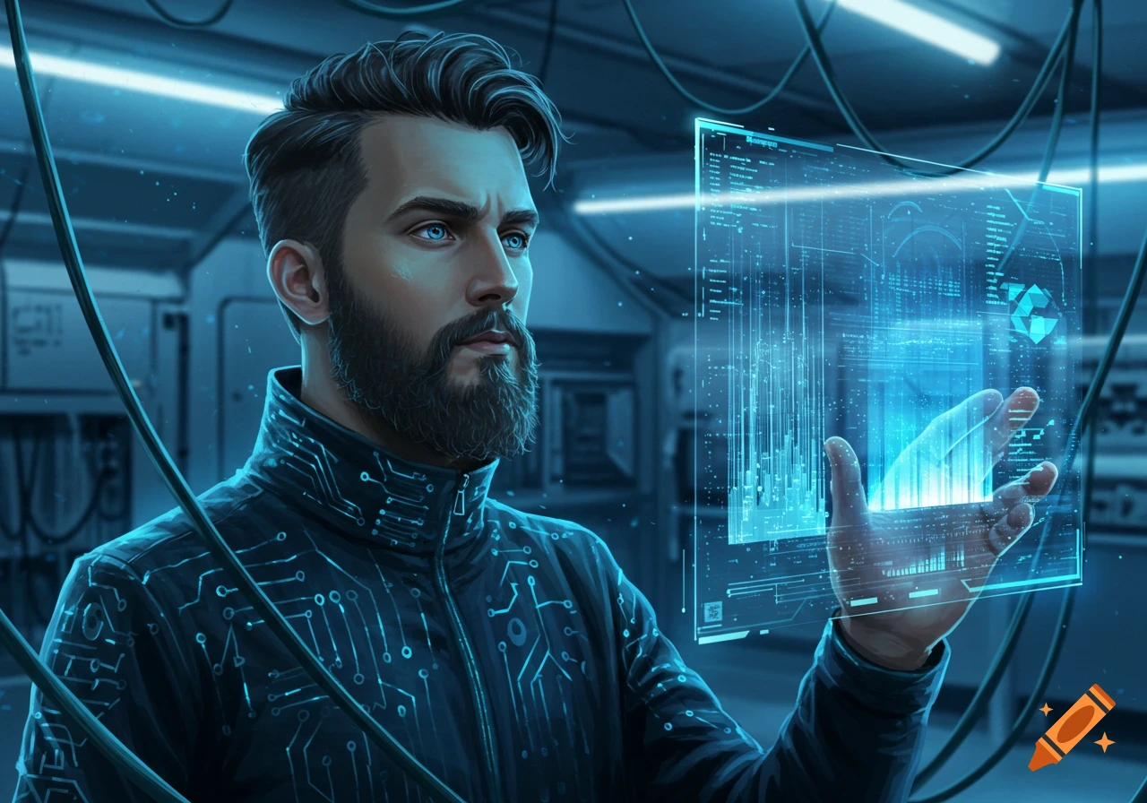 A bearded man with glowing blue eyes in a dark, futuristic room, interacting with a vibrant blue holographic screen displaying data.